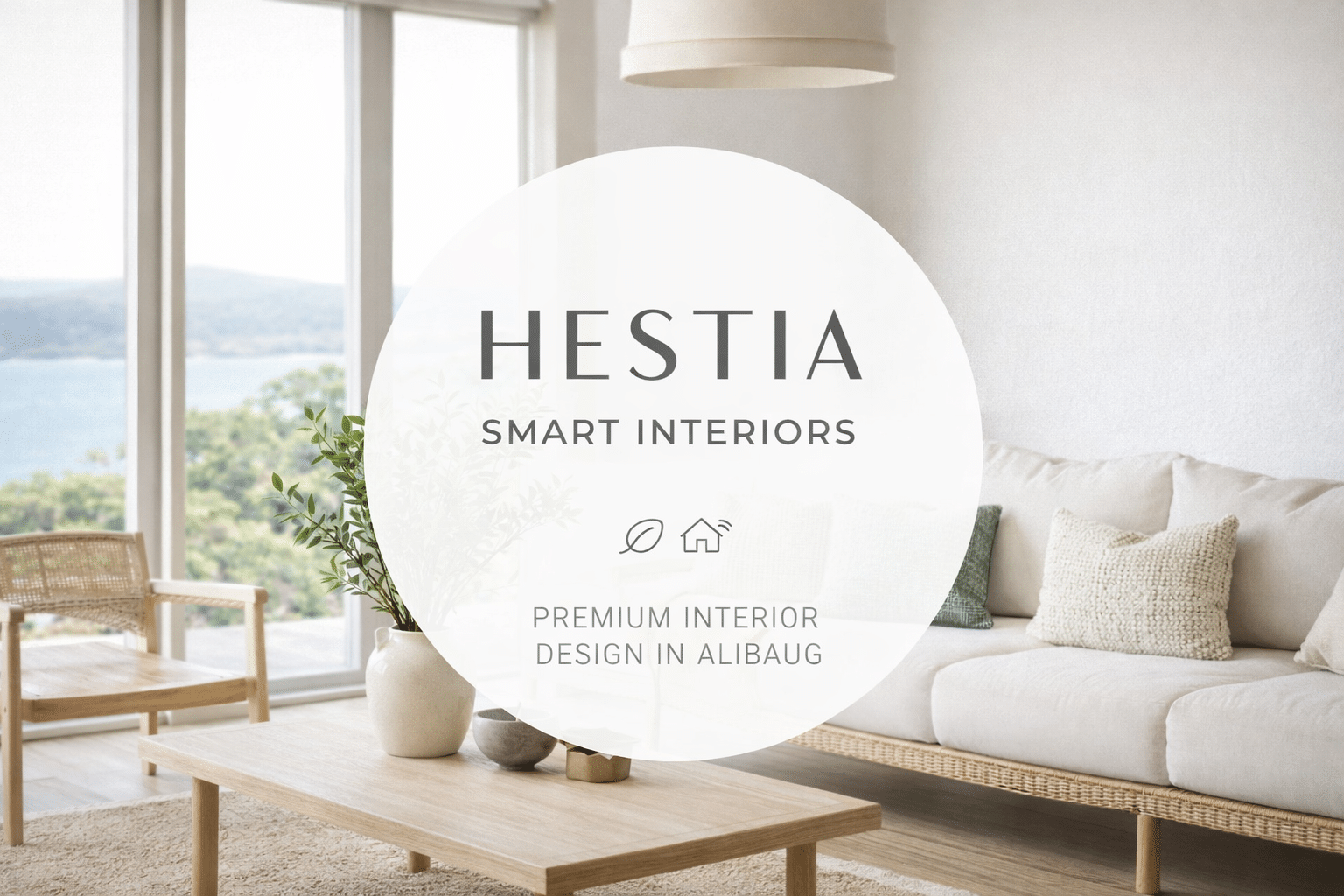 Premium coastal living room interior designed by Hestia Smart Interiors in Alibaug, featuring elegant, sustainable design